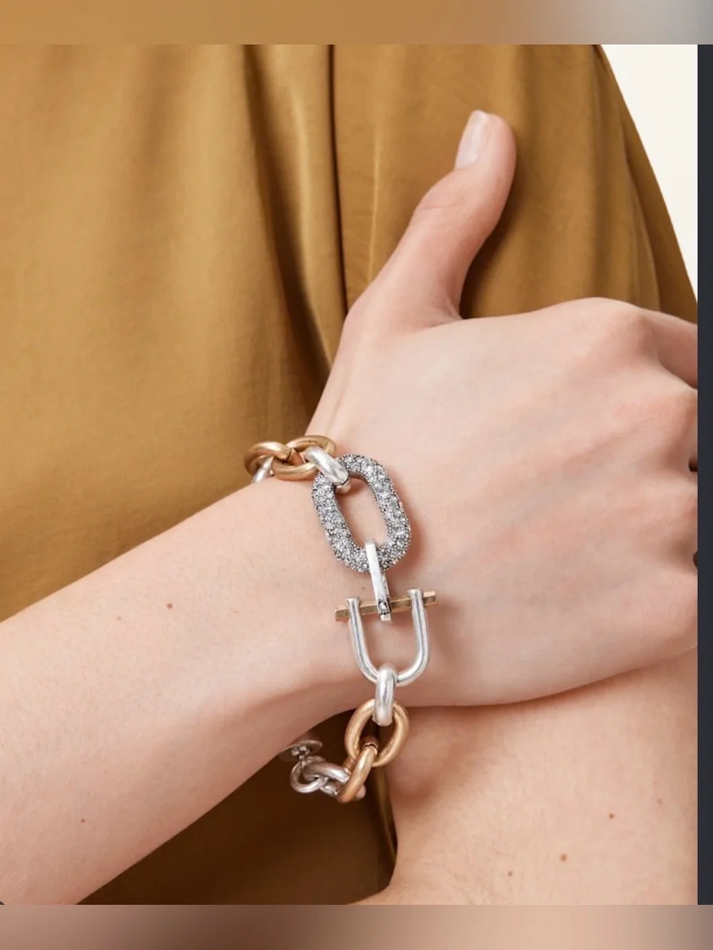 All Saints Two-Tone Crystal Link Bracelet - Silver & Gold NWT